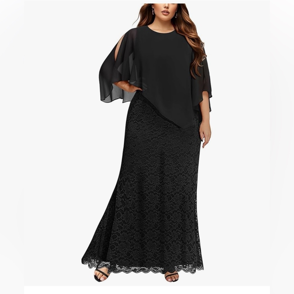 Elegant Black Lace Mermaid Dress with Chiffon Cape Overlay - 26W/4X